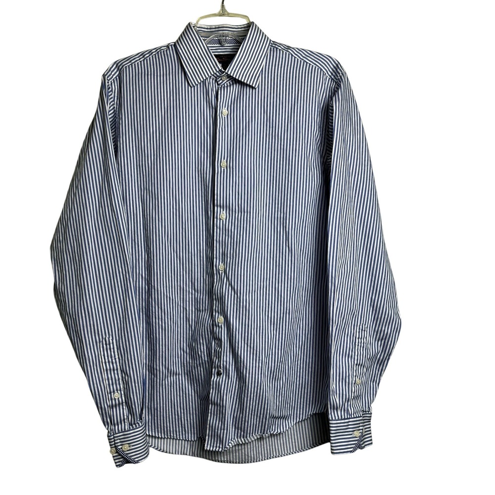 Ben Sherman‎ Mens Blue White Striped Button Down Dress Shirt 15 34-35 M Cotton